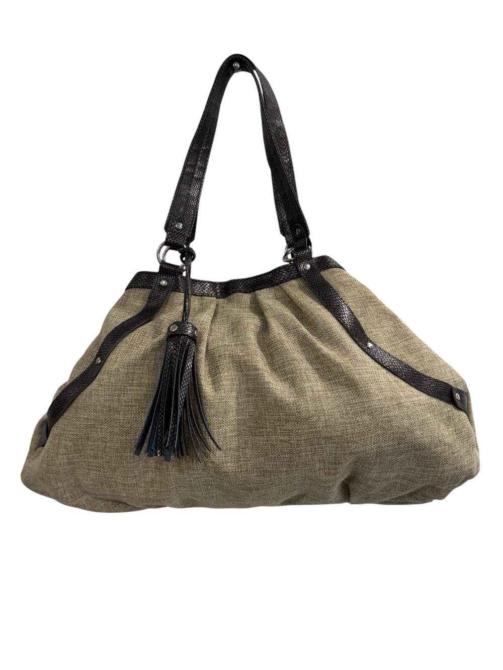 Usher Soft Burlap Textured Vegan Leather Straps Accents Hobo Bag Purse - Picture 2 of 13